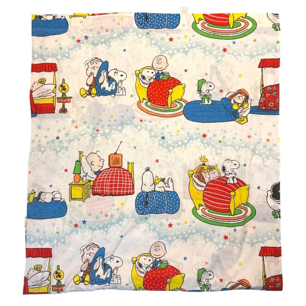 Vintage Peanuts Snoopy Twin Flat Bed Sheet Charlie Brown Sleepover